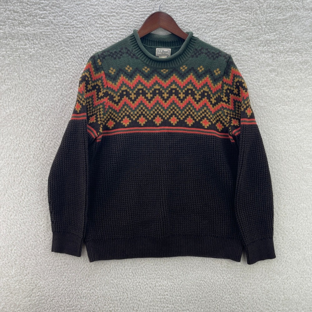 LL Bean Sweater Mens M Green Brown Roll Neck Fair Isle Nordic Outdoors Waffle